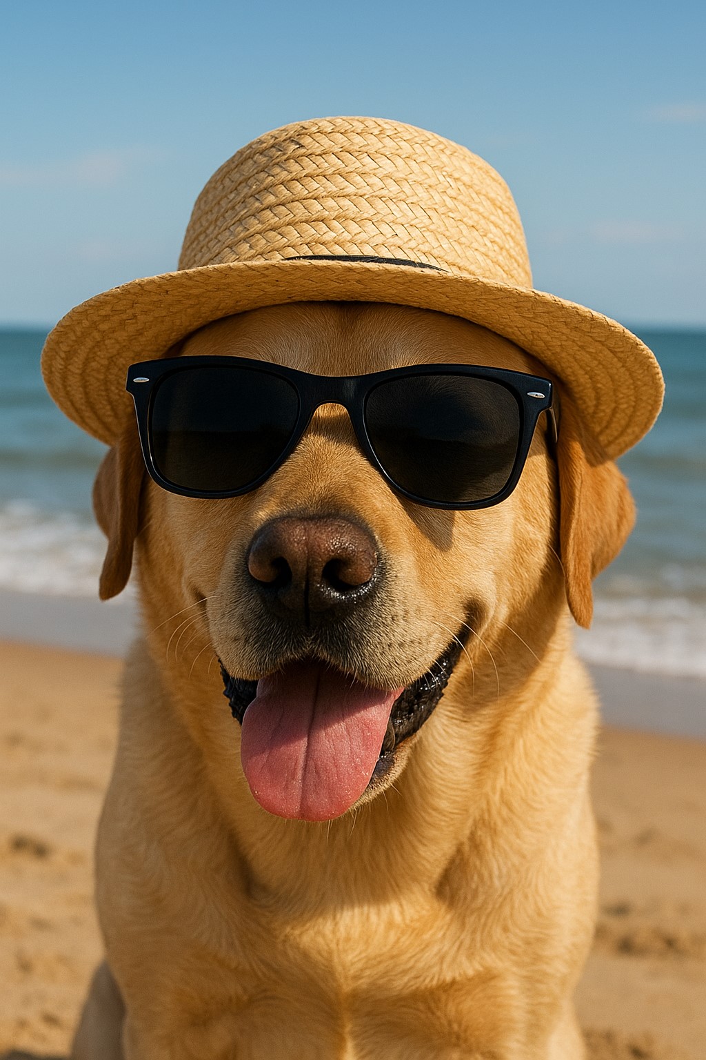 Dog wearing sunglasses on the beach